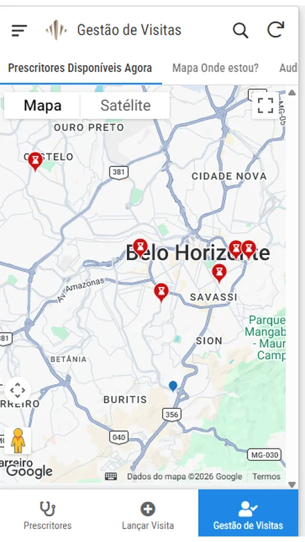 Mapa com os prescritores disponíveis agora, em Belo Horizonte